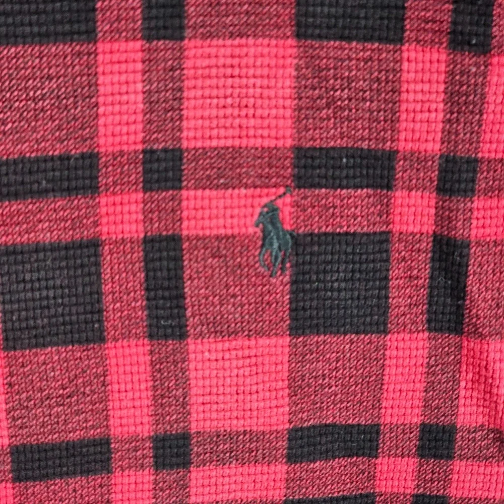 Polo Ralph Lauren Shirt Mens Medium Red Black Plaid Thermal Waffle Knit Pullover